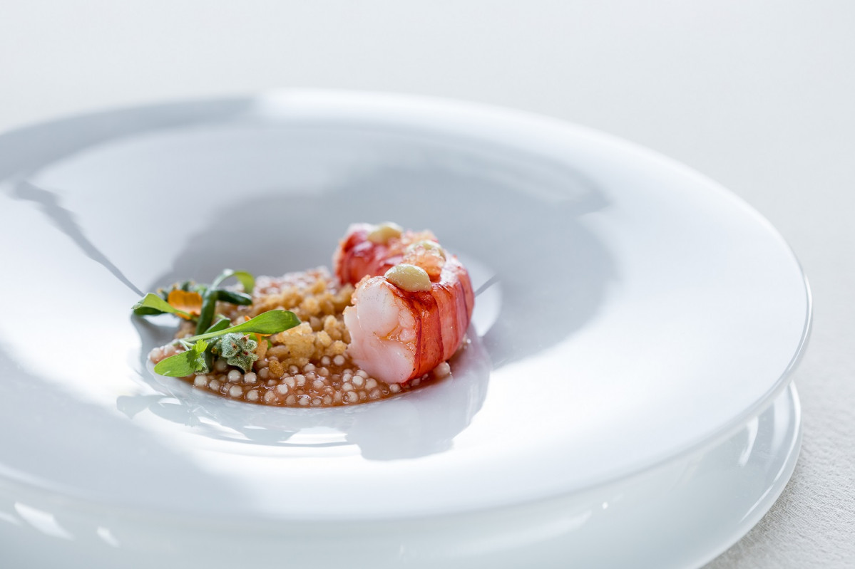 ALGARVE RESTAURANTE VISTAS Carabineiro , Tapioca pearls,  Puffed Rice,  Ginger  Lemon Caviar   by chef Rui Silvestre