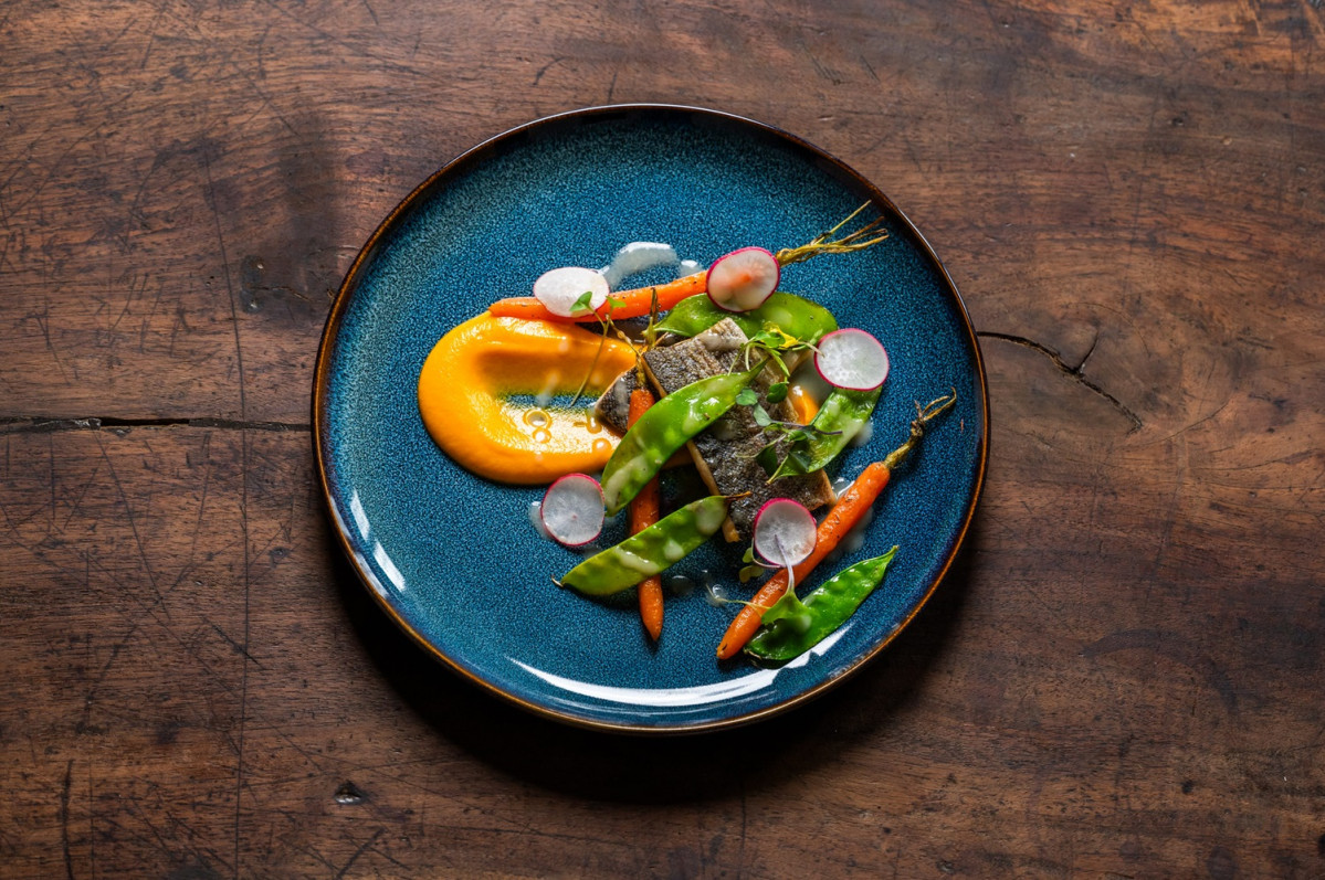 Trucha arcoiris, veloute de tomillo, crema de zanahoria y mini verduritas glaseadas, La Posada de Pradorey