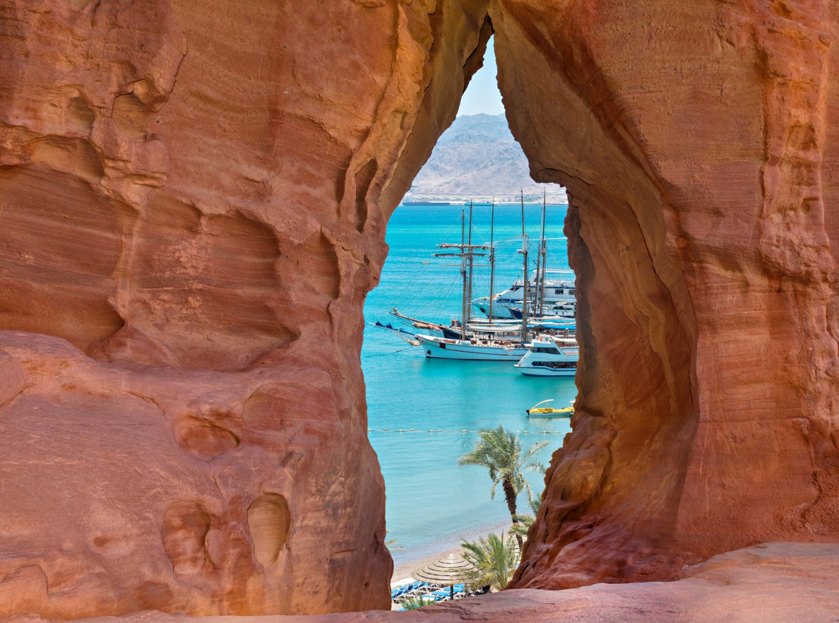 View on the gulf of Aqaba with pleasure boats and yachts in marina of Eilat city, Israel 1548