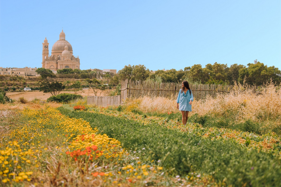 Gozo Woman in the fields by Ta' Pinu Church, Gozo