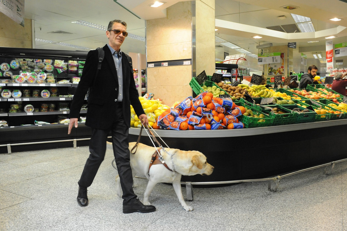Persona ciega con perro guu00eda en supermercado 1500