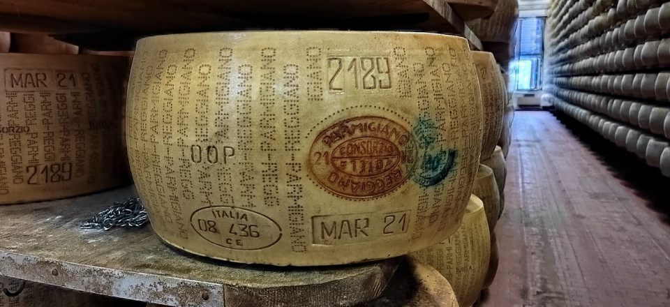 Rueda de Parmigiano reggiano en Caseificio Ugolotti