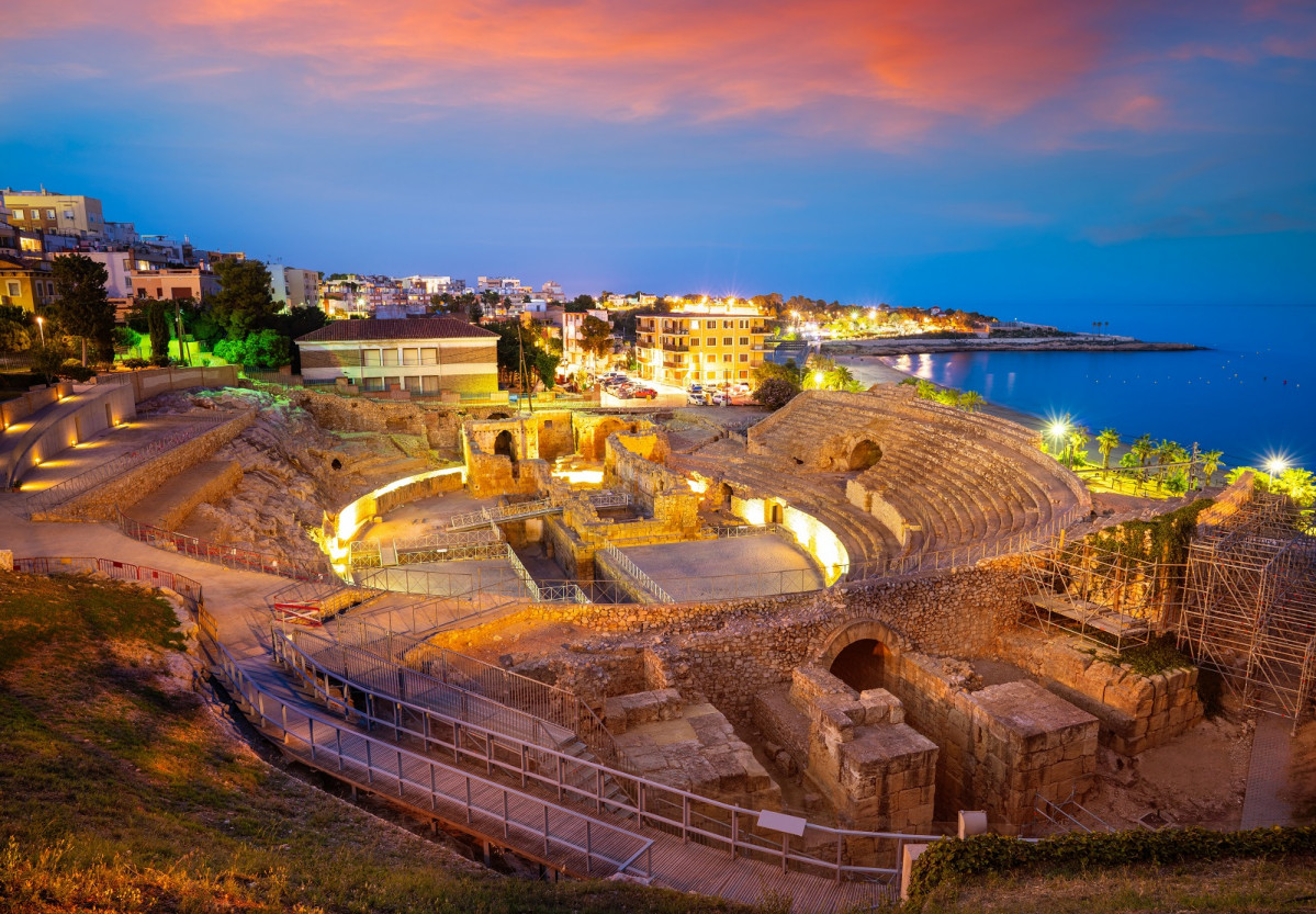Tarragona amphitheater of tarragona at sunset in catalonia