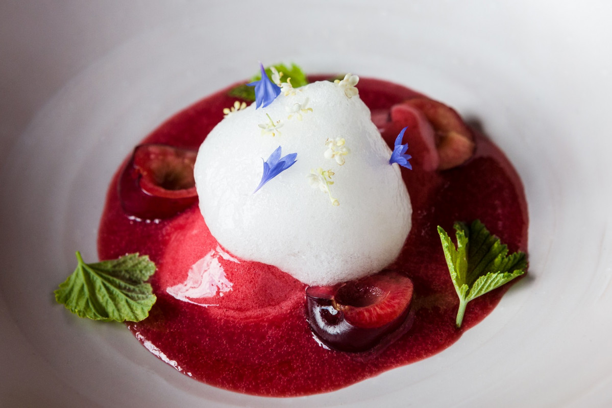 Cerezas, sorbete ruibarbo, espuma de flor de sauco