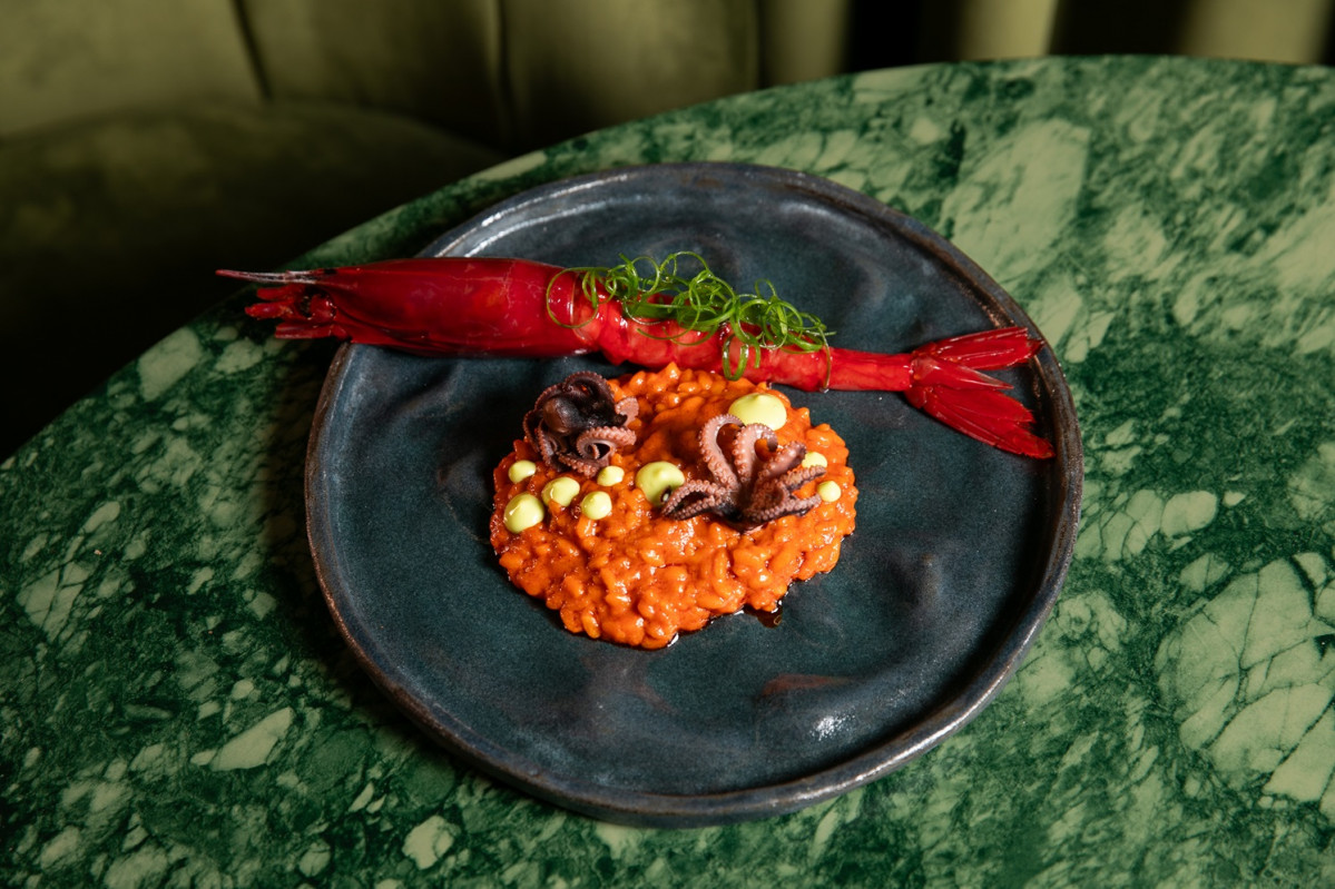 Arroz cremoso de carabineros y pulpitos estofados