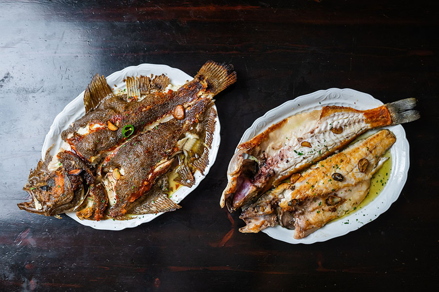 Coruxo y Lubina a la plancha con ajo y piparra   Jota