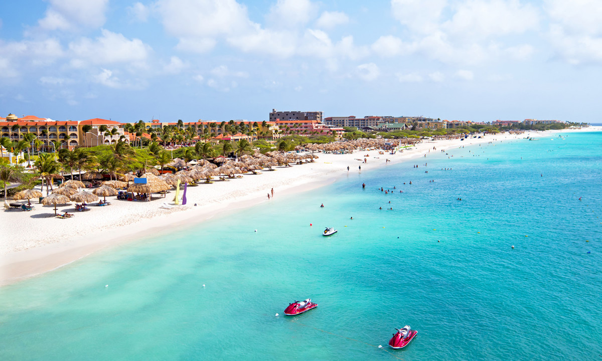 Aerial from eagle beach on aruba in the caribbean