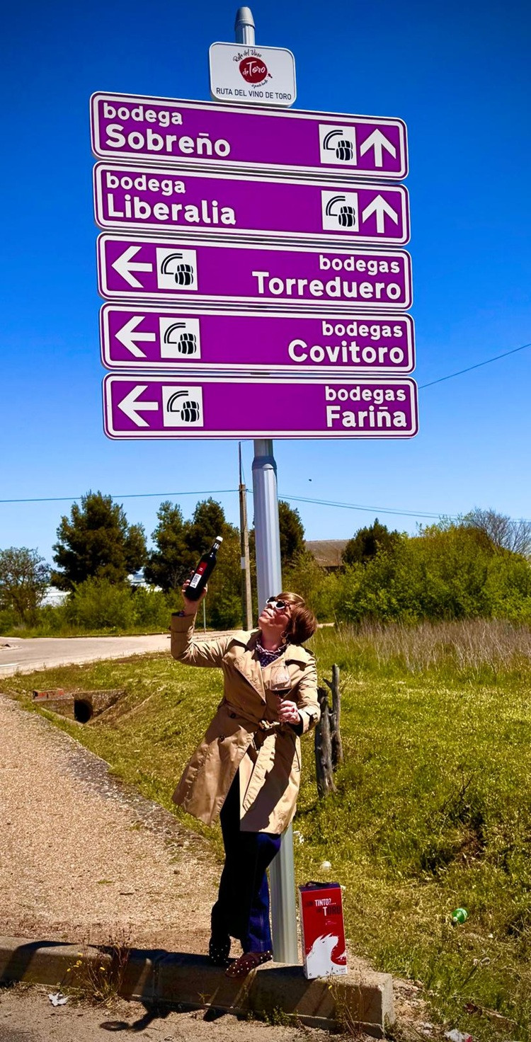 La presidenta de la Ruta del Vino de Toro, Beatriz Fernu00e1ndez Pujo, posa junto a algunas de las nuevas seu00f1ales instaladas (1)
